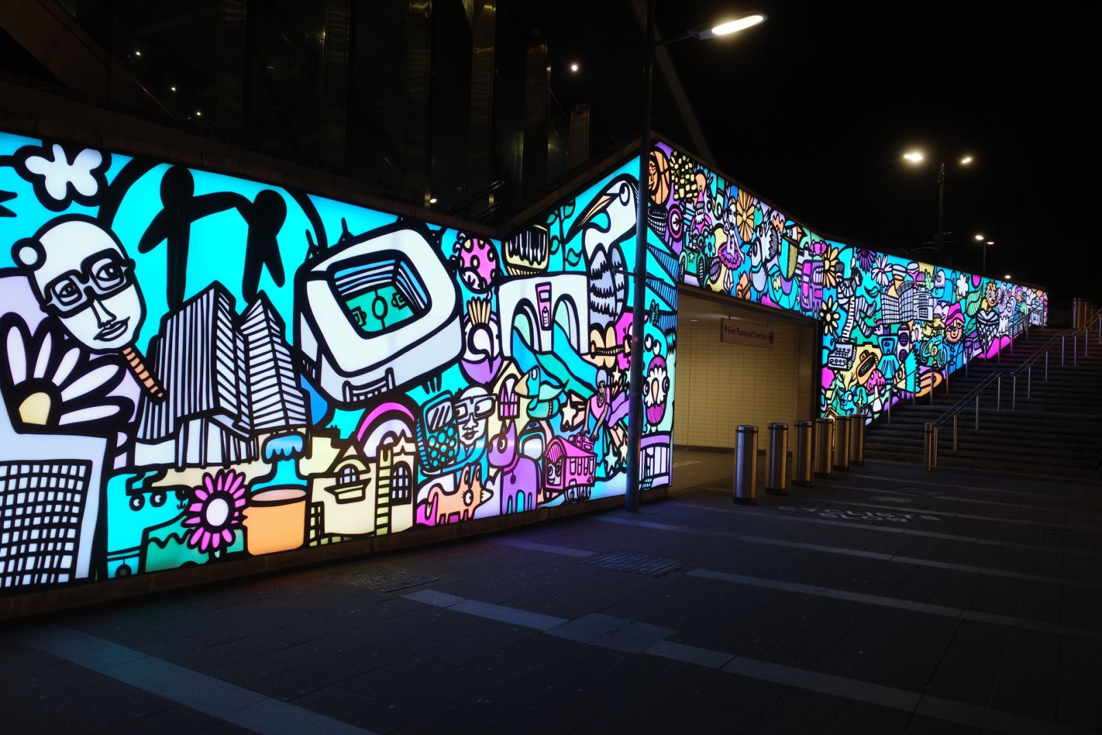 LED Mural outside Reading Station at night